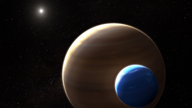 Ilustrasi sistem Kepler-1625 dengan satelit raksasa seukuran Neptunus. Kredit: NASA, ESA, and L. Hustak (STScI)