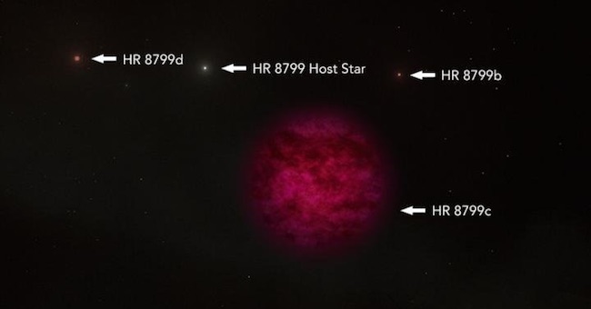 Ilustrasi eksoplanet HR 8799 c dan sistem HR 8799. Kredit: W. M. Keck Observatory/Adam Makarenko