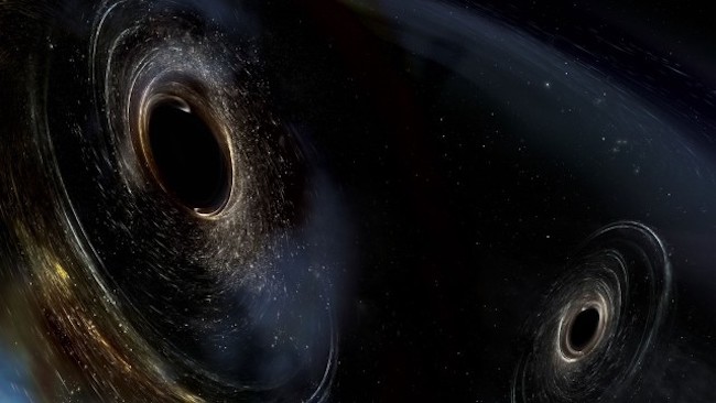 Ilustrasi lubang hitam yang akan bertabrakan. Kredit: LIGO/Caltech/MIT/Sonoma State (AuroreSimonnet)