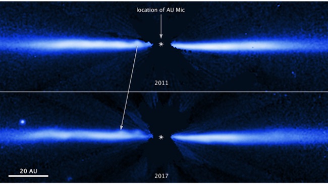 Gumpalan materi bergerak cepat menyapu piringan di sekitar bintang AU Microscopii. Kredit: NASA, ESA, J. Wisniewski (University of Oklahoma), C. Grady (Eureka Scientific), & G. Schneider (Steward Observatory)