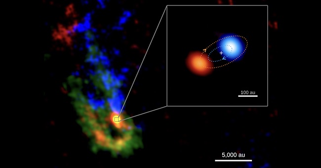 Area pembentukan bintang IRAS-07299 dengan pasangan protobintang masif di pusatnya. Kredit: ALMA (ESO/NAOJ/NRAO)/Y. Zhang et al