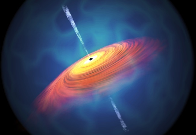 Ilustrasi kuasar yang bercahaya terang di sekeliling lubang hitam supermasif. Kredit: Yoshiki Matsuoka