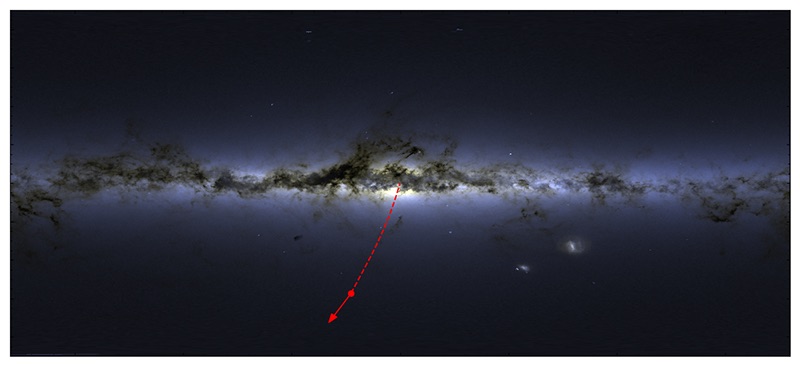 Bintang ultra cepat S5-HVS1 dari arah pusat Bima Sakti. Kredit: James Josephides (Swinburne Astronomy Productions)