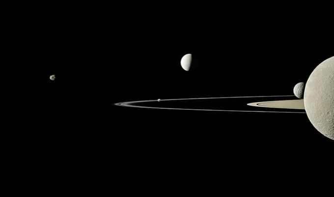 Saturnus dan satelitnya. Kredit: UNAWE