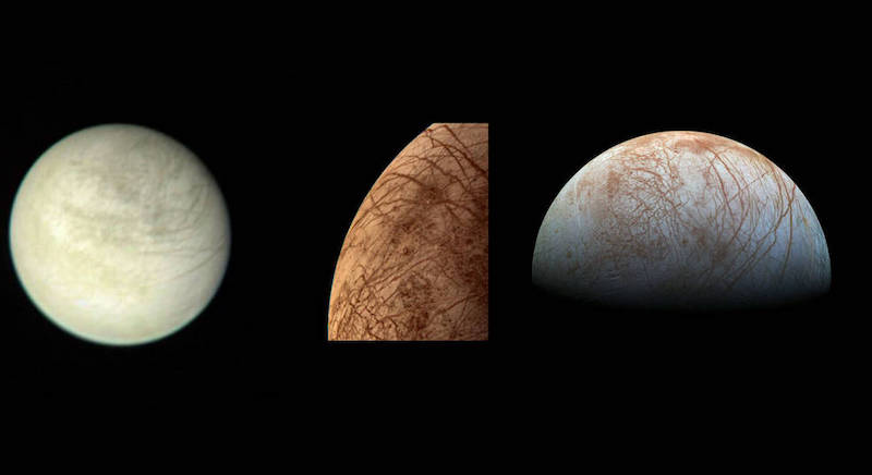 Gambar kiri merupakan pemandangan Europa yang diambil oleh wahana antariksa Voyager 1 dari jarak 2,9 juta kilometer pada 2 Maret 1979. Gambar berikutnya adalah gambar berwarna Europa yang diambil oleh wahana antariksa Voyager 2 saat pertemuan jarak dekatnya pada 9 Juli 1979. Gambar kanan merupakan pemandangan Europa yang dibuat dari berbagai citra yang diambil oleh wahana antariksa Galileo pada akhir 1990-an. Kredit: NASA / JPL 