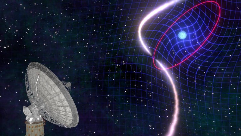 Pasangan bintang katai putih berputar cepat dan pulsar yang menyebabkan ruang waktu melengkung atau tertarik. Kredit: Mark Myers/ARC Centre of Excellence for Gravitational Wave Discovery (OzGrav), Australia