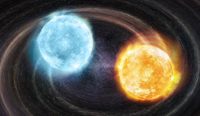 Pasangan bintang katai putih dengan inti helium yang merupakan sumber gelombang gravitasi. Kredit: M. Weiss