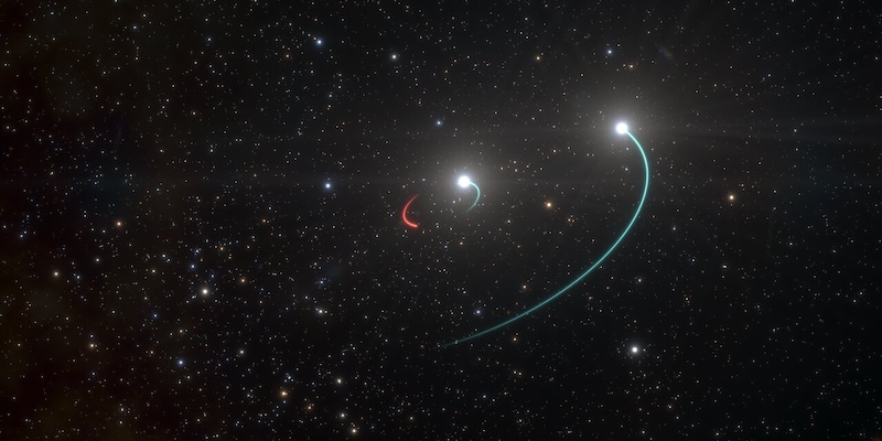 Sistem bertiga yang terdiri dari dua bintang (warna biru) dan sebuah lubang hitam (warna merah). Kredit: ESO/L. Calçada