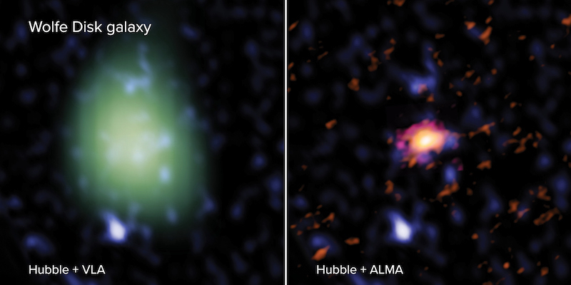 Piringan Wolfe seperti yang diamati ALMA (kiri), VLA (kanan), dan Teleskop Hubble (kiri & kanan dalam warna biru ). Kredit: ALMA (ESO/NAOJ/NRAO), M. Neeleman; NRAO/AUI/NSF, S. Dagnello; NASA/ESA Hubble
